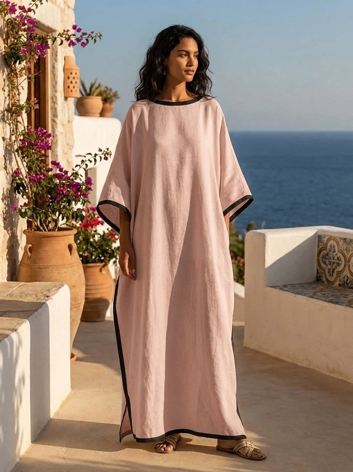 Beige Off-Shoulder Maxi Dress with Loose Fit and Color Block Design