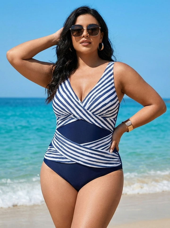 Tiffanie - Plus Size Geometric Wrap One Piece with Cut-Out