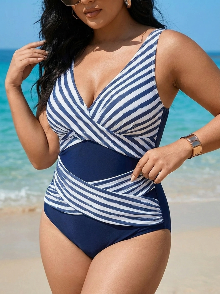 Tiffanie - Plus Size Geometric Wrap One Piece with Cut-Out