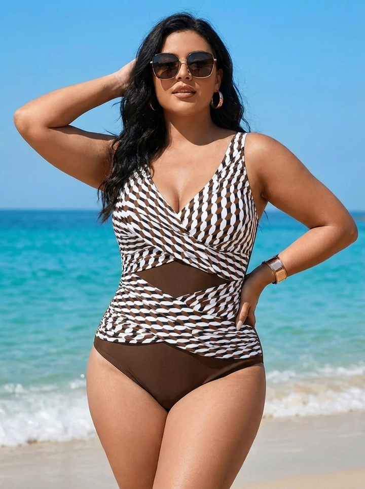 Tiffanie - Plus Size Geometric Wrap One Piece with Cut-Out