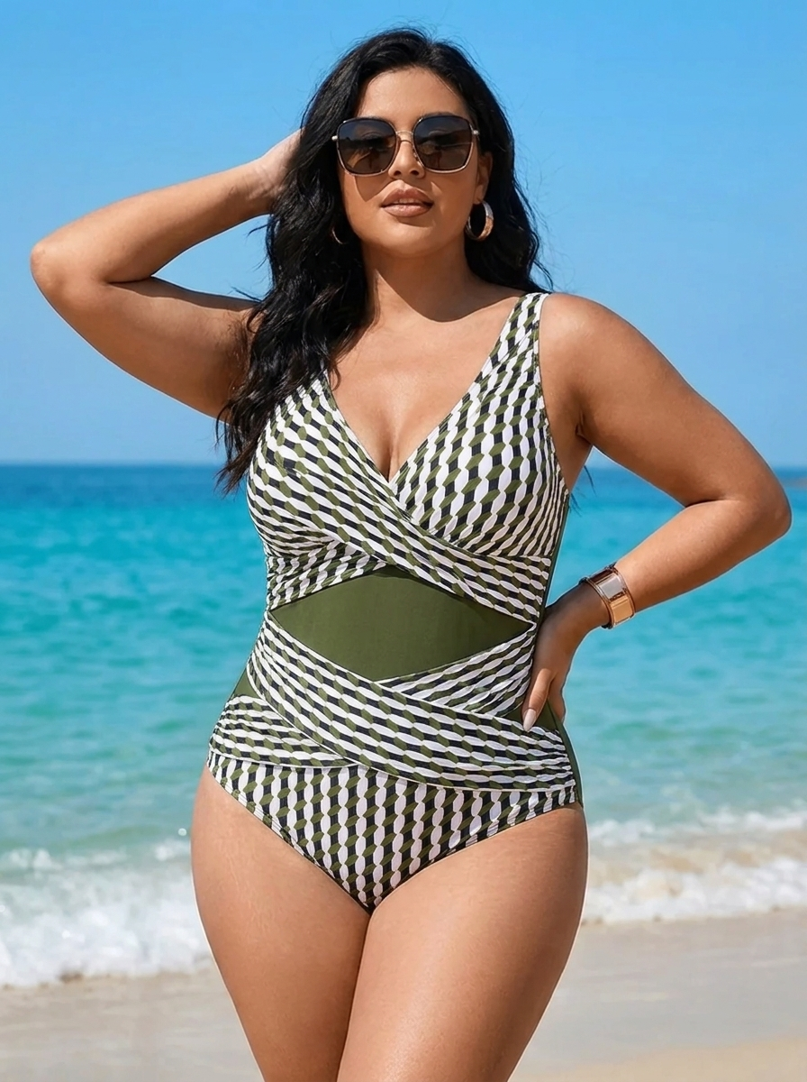 Tiffanie - Plus Size Geometric Wrap One Piece with Cut-Out