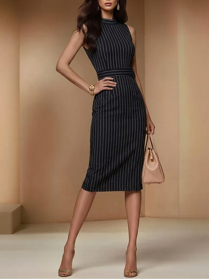 Slim-fit black pinstripe midi dress with sleeves