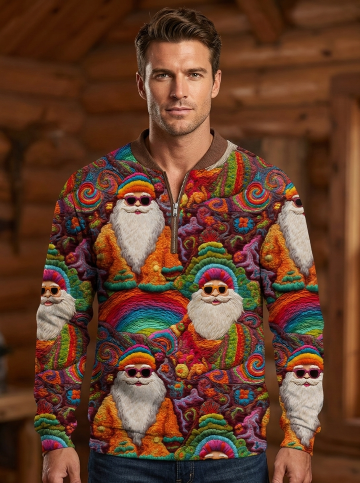 Men's Retro Groovy Hippie Santa Print Casual Zip-Up Fur-Collar Sweater