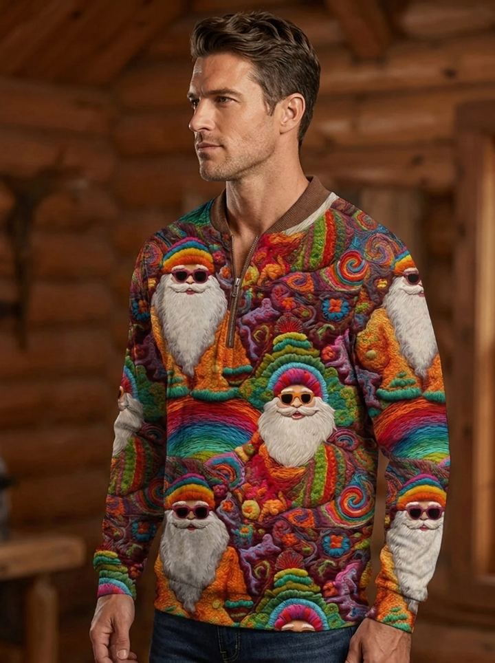 Men's Retro Groovy Hippie Santa Print Casual Zip-Up Fur-Collar Sweater