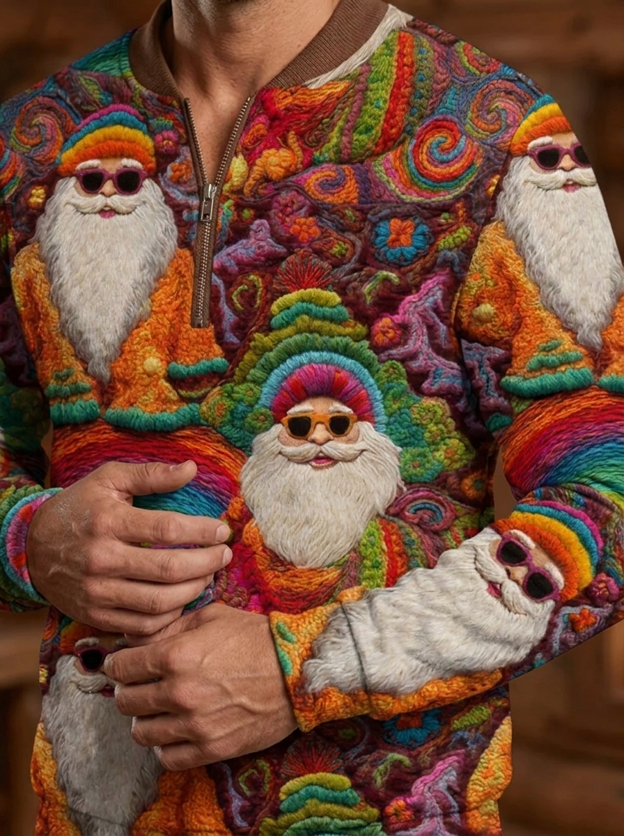 Men's Retro Groovy Hippie Santa Print Casual Zip-Up Fur-Collar Sweater