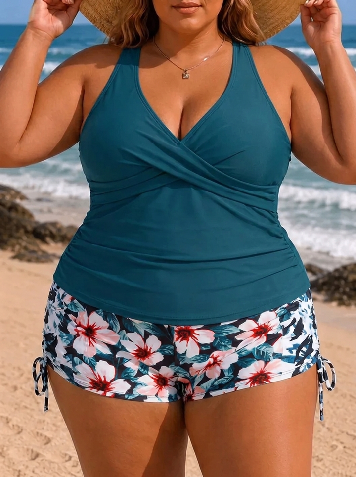 Gabby | Women's Plus Size Ribbed Tankini with Printed Shorts