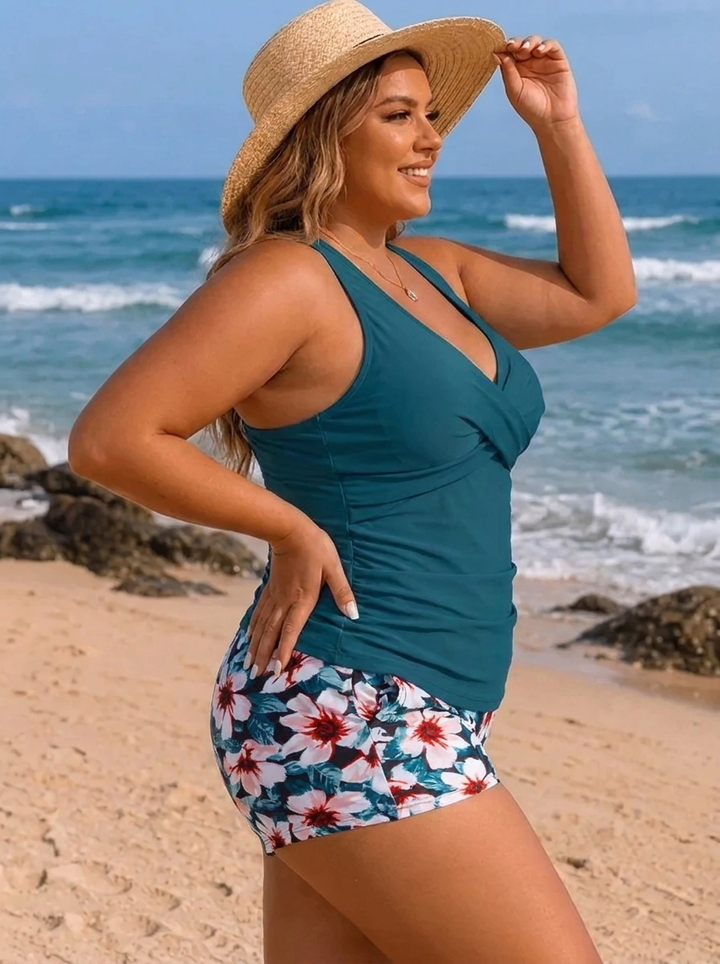 Gabby | Women's Plus Size Ribbed Tankini with Printed Shorts