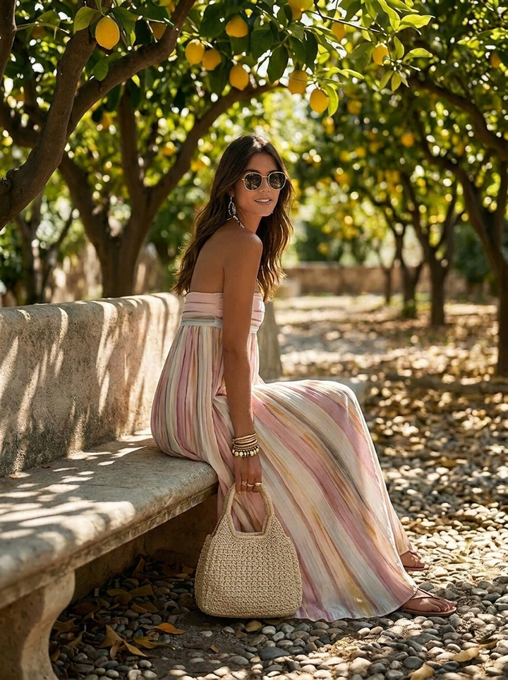 Women's sleeveless maxi dress with square neckline and stripes