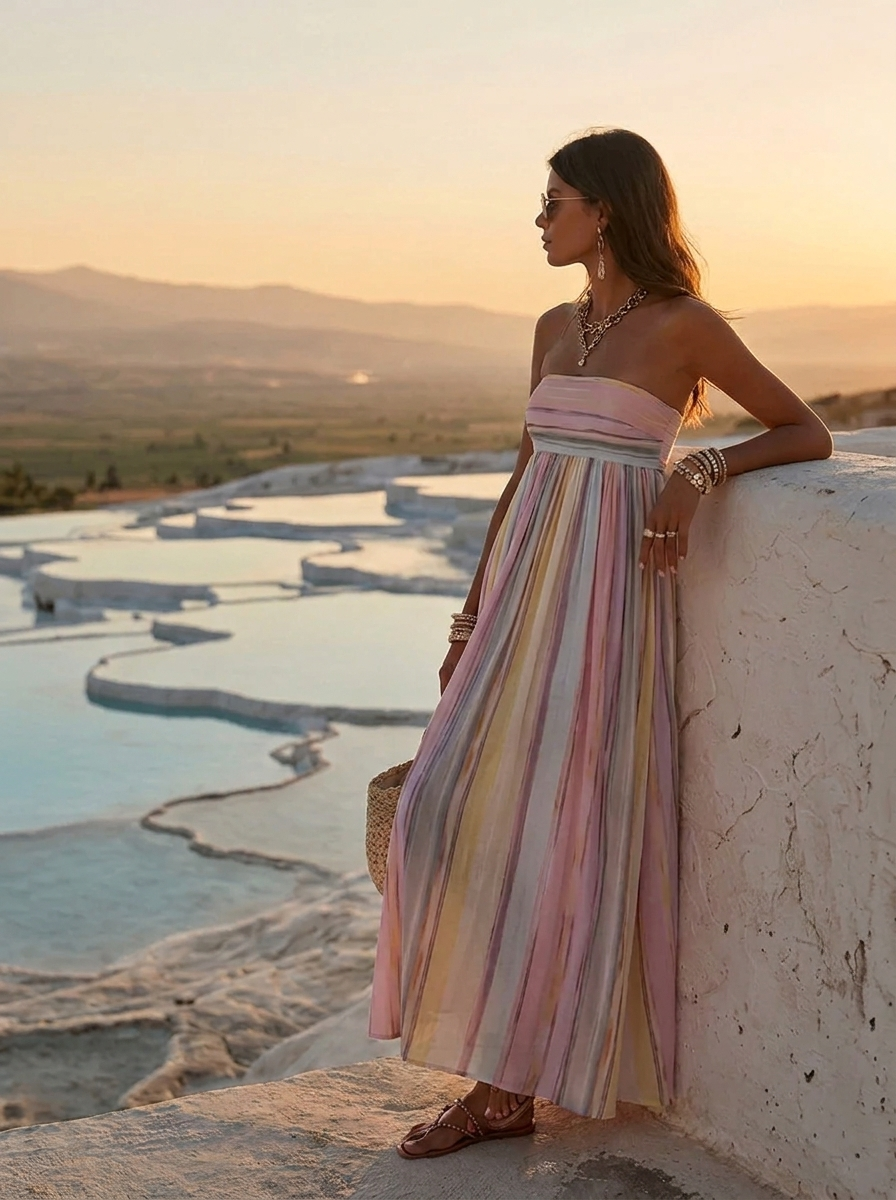 Women's sleeveless maxi dress with square neckline and stripes