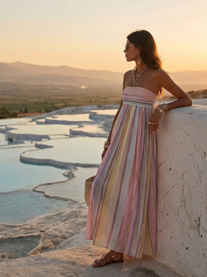 Women's sleeveless maxi dress with square neckline and stripes
