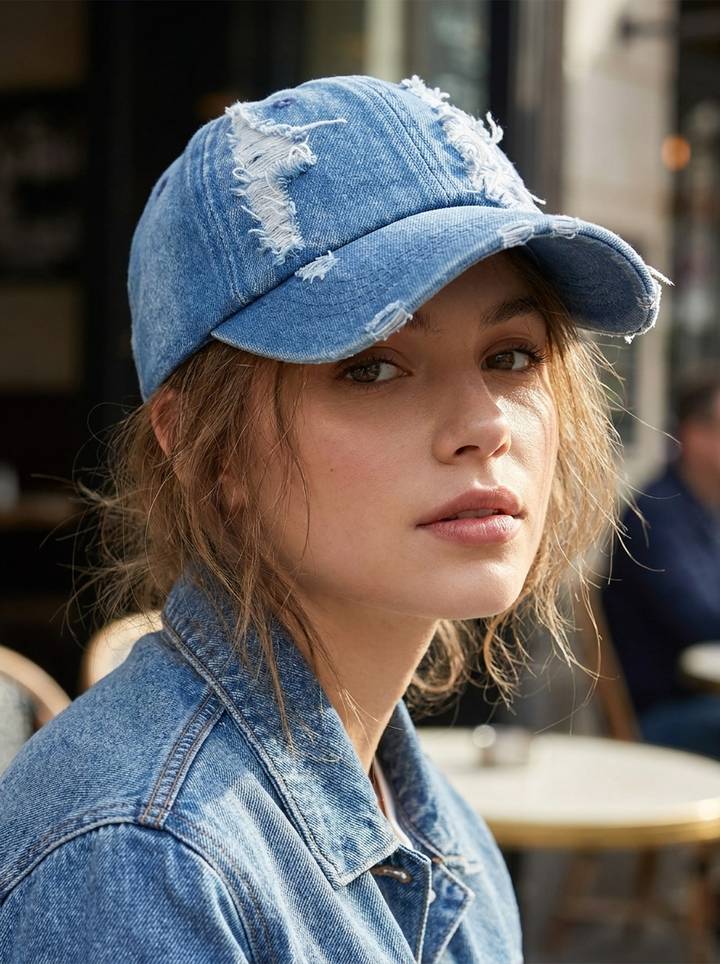 Denim sun hat with adjustable strap