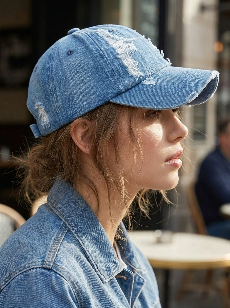 Denim sun hat with adjustable strap