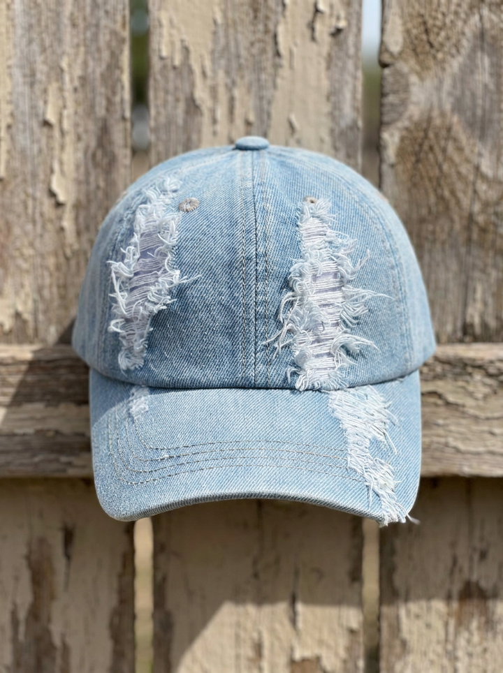 Denim sun hat with adjustable strap