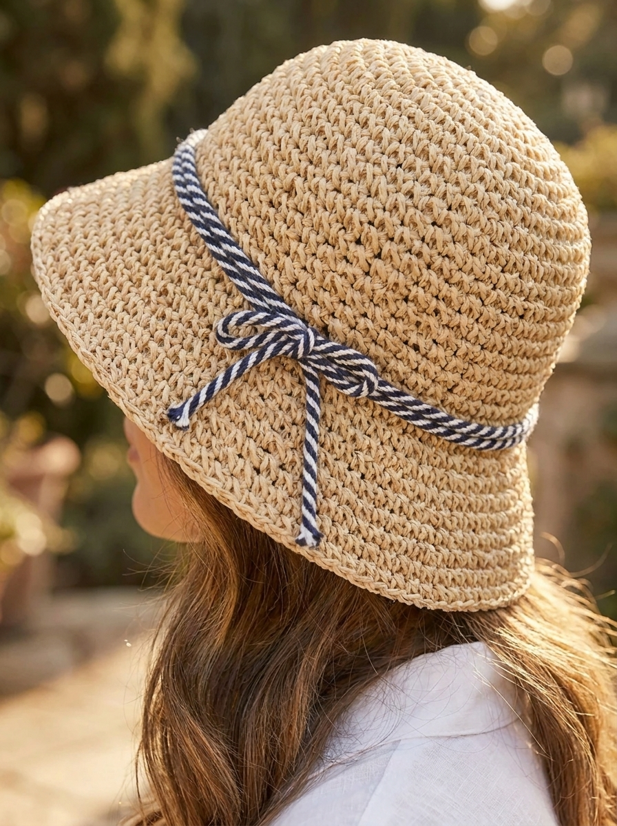 Women's straw hat with braided design and drawstring
