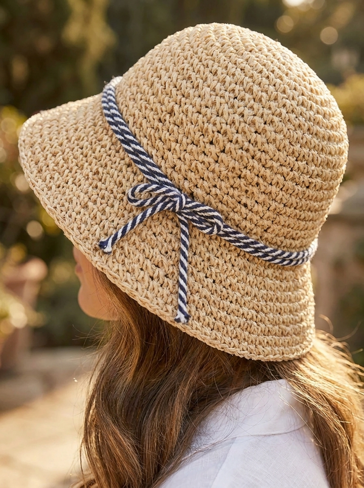 Women's straw hat with braided design and drawstring