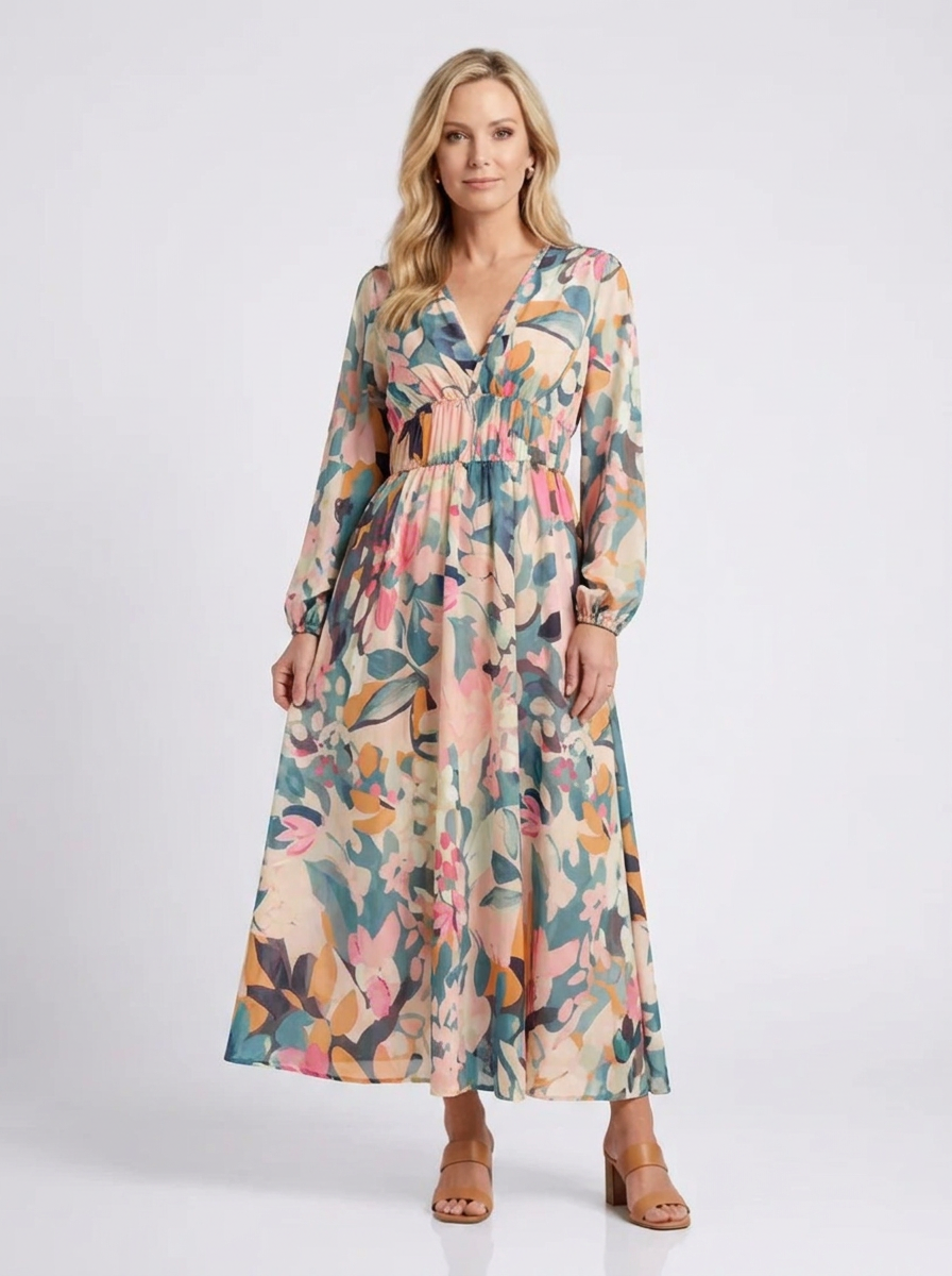 Eulalie | V-Neck Short-Sleeve Ruched-Waist Midi Dress