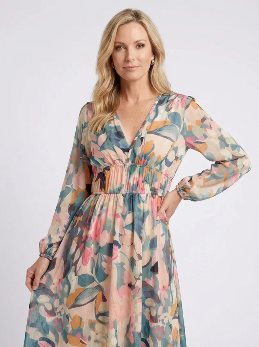 Eulalie | V-Neck Short-Sleeve Ruched-Waist Midi Dress