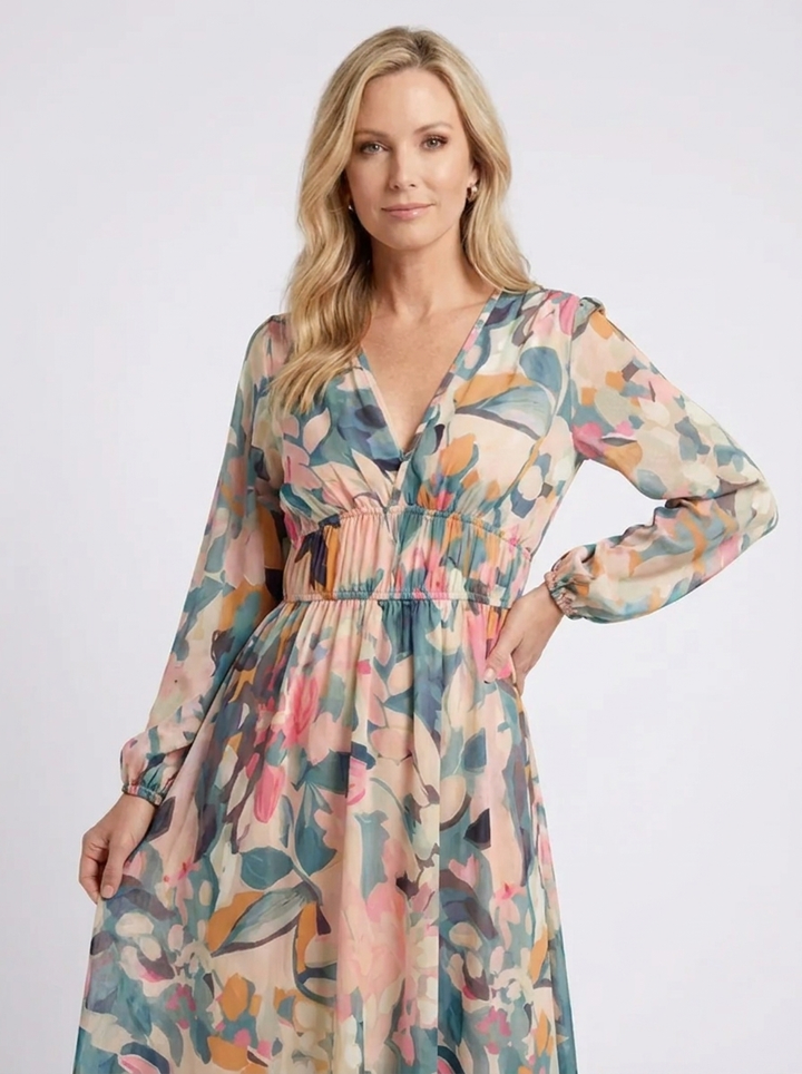 Eulalie | V-Neck Short-Sleeve Ruched-Waist Midi Dress