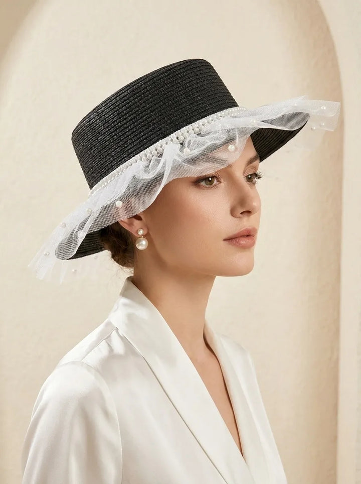 Women's sun hat with tulle trim and pearl embellishment