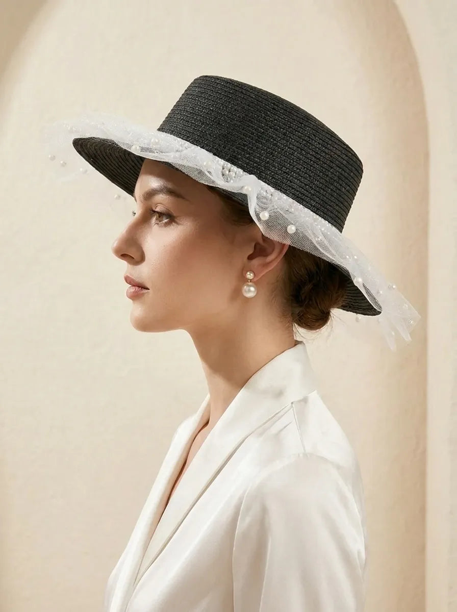 Women's sun hat with tulle trim and pearl embellishment