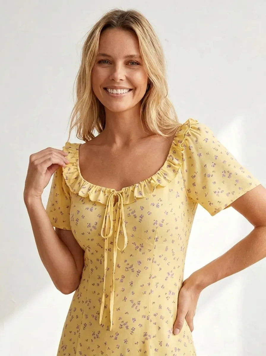 Diana | Women's Floral V-Neck Midi Dress with Short Sleeves