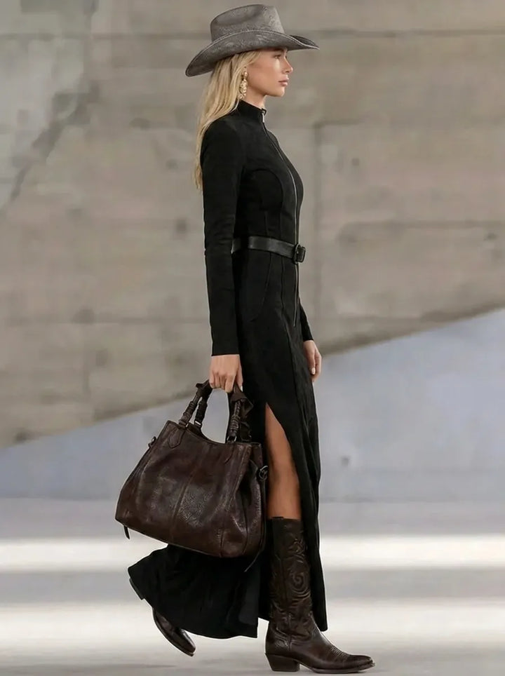 Casual Maxi Dress with Black Turtleneck and Zip Design