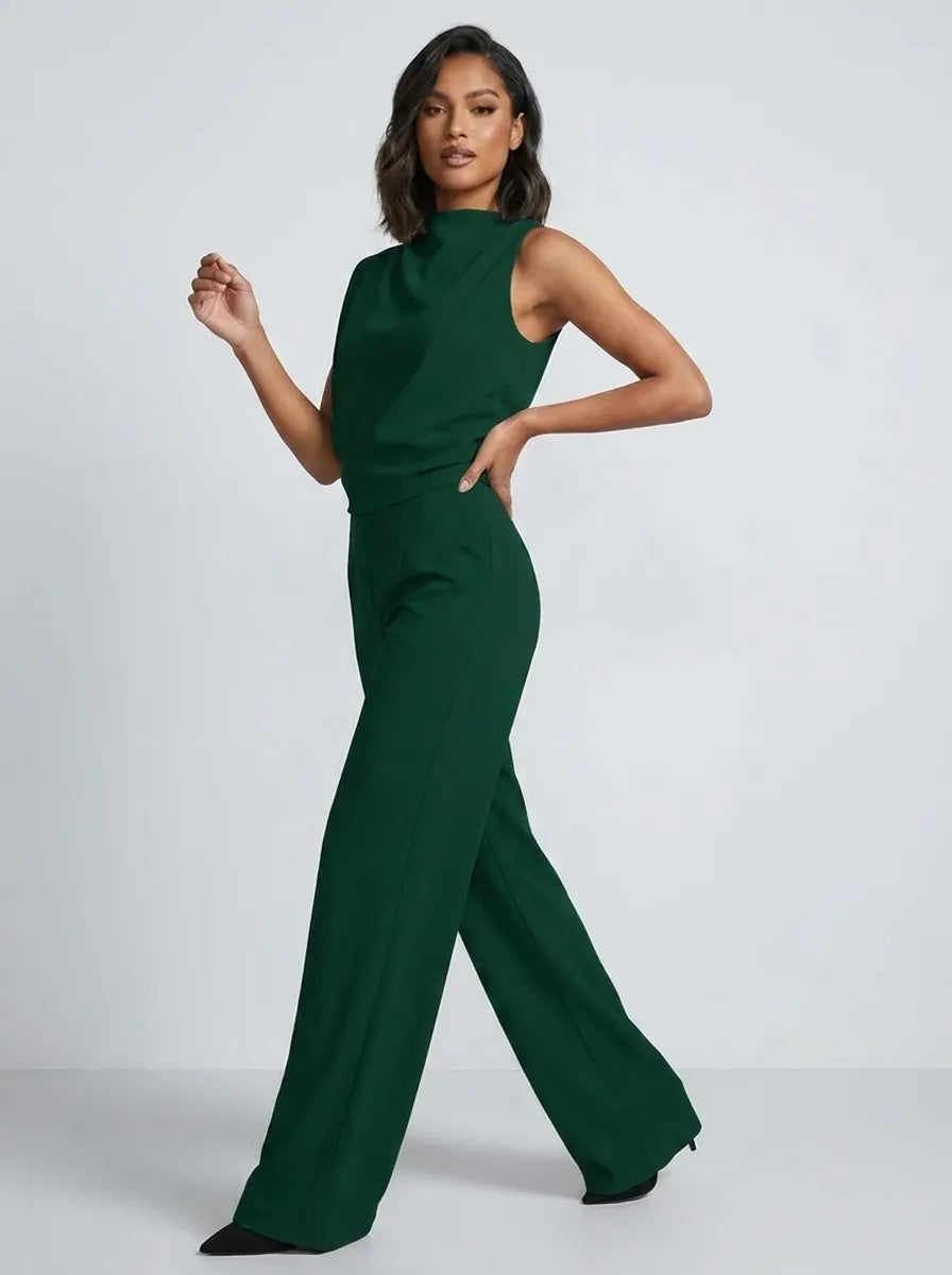 Women's High-Neck Sleeveless Wide-Leg Jumpsuit with Pockets