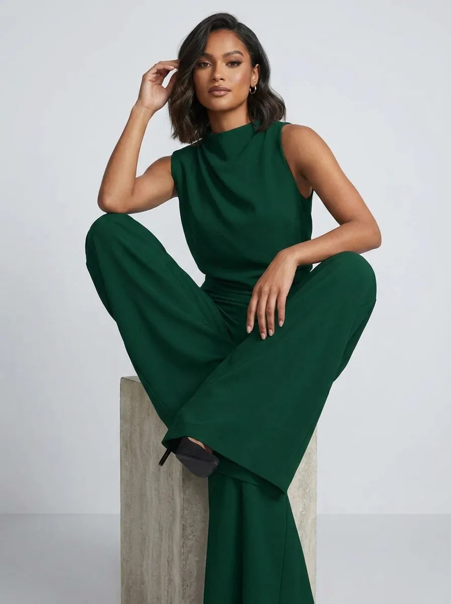 Women's High-Neck Sleeveless Wide-Leg Jumpsuit with Pockets