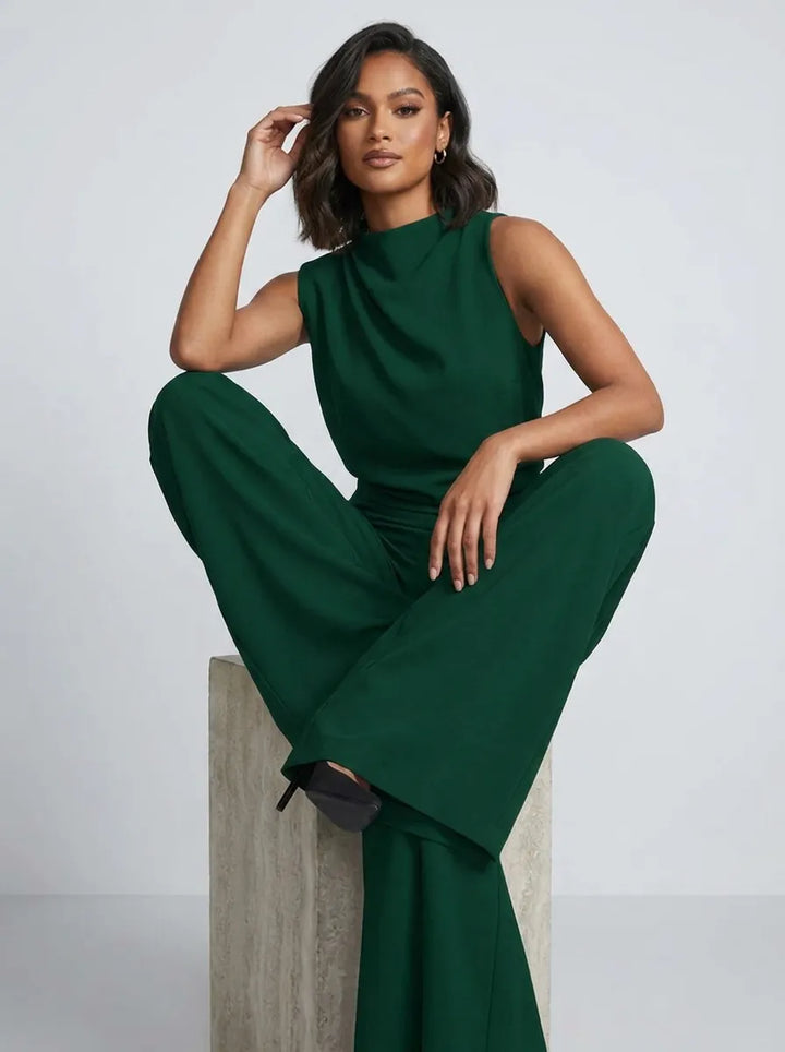 Women's High-Neck Sleeveless Wide-Leg Jumpsuit with Pockets