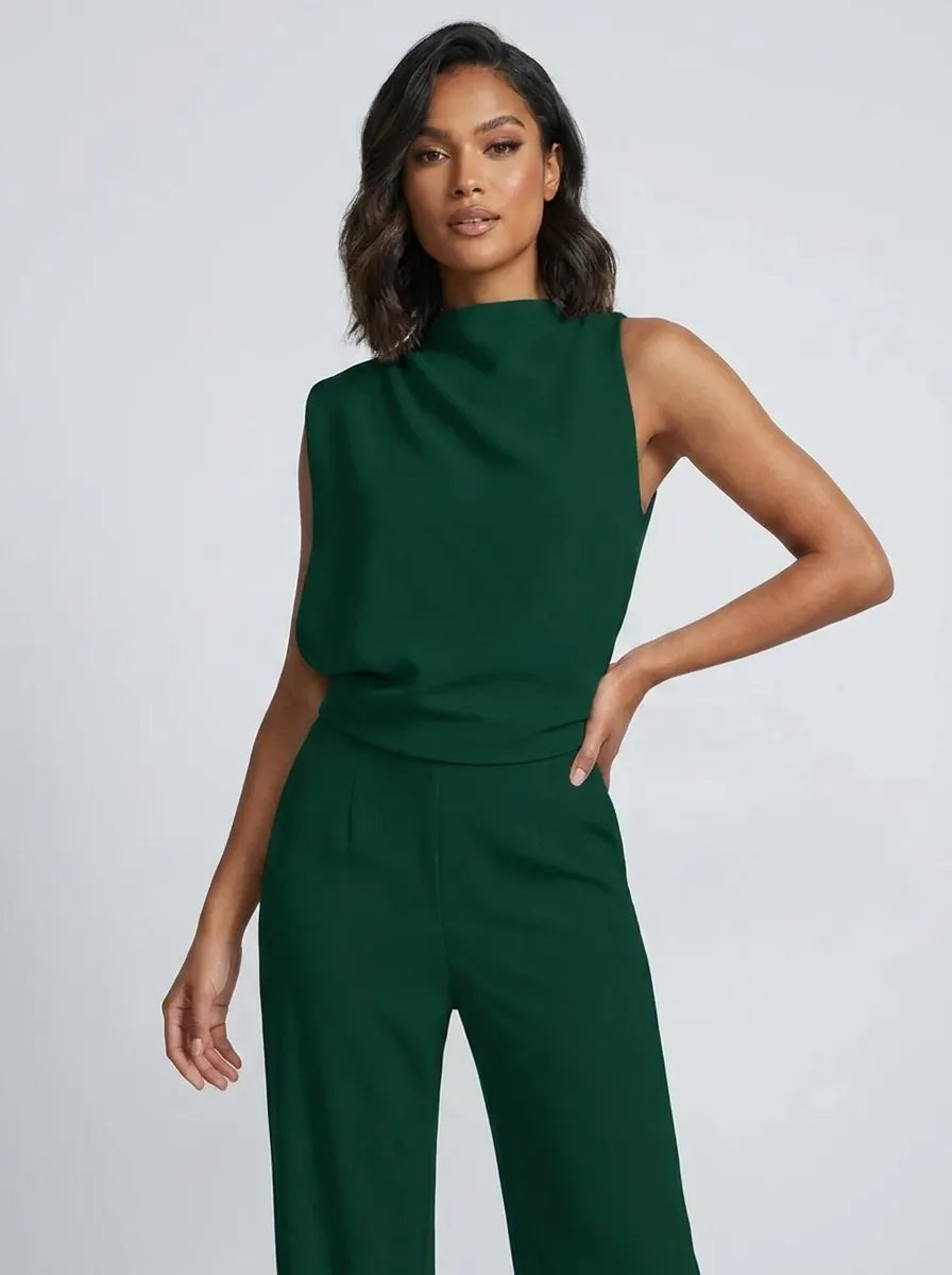 Women's High-Neck Sleeveless Wide-Leg Jumpsuit with Pockets