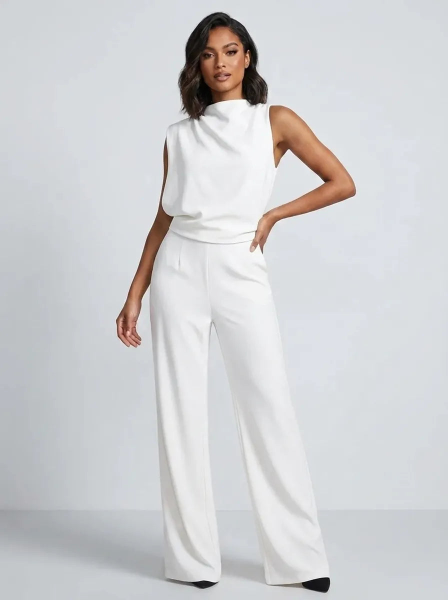 Women's High-Neck Sleeveless Wide-Leg Jumpsuit with Pockets