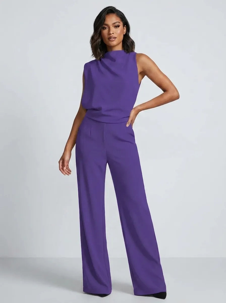 Women's High-Neck Sleeveless Wide-Leg Jumpsuit with Pockets