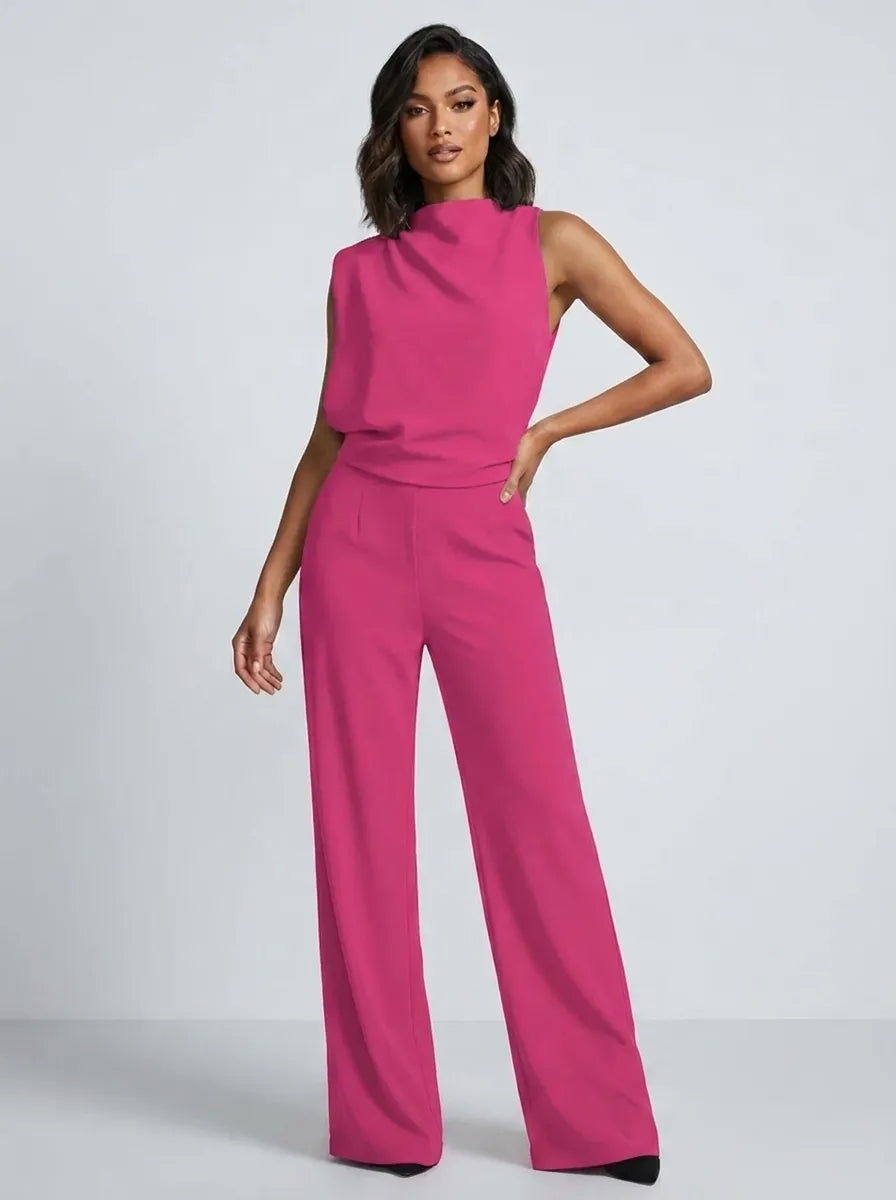 Women's High-Neck Sleeveless Wide-Leg Jumpsuit with Pockets