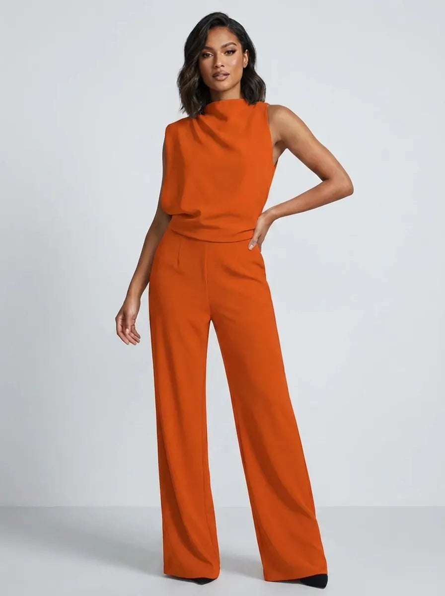 Women's High-Neck Sleeveless Wide-Leg Jumpsuit with Pockets