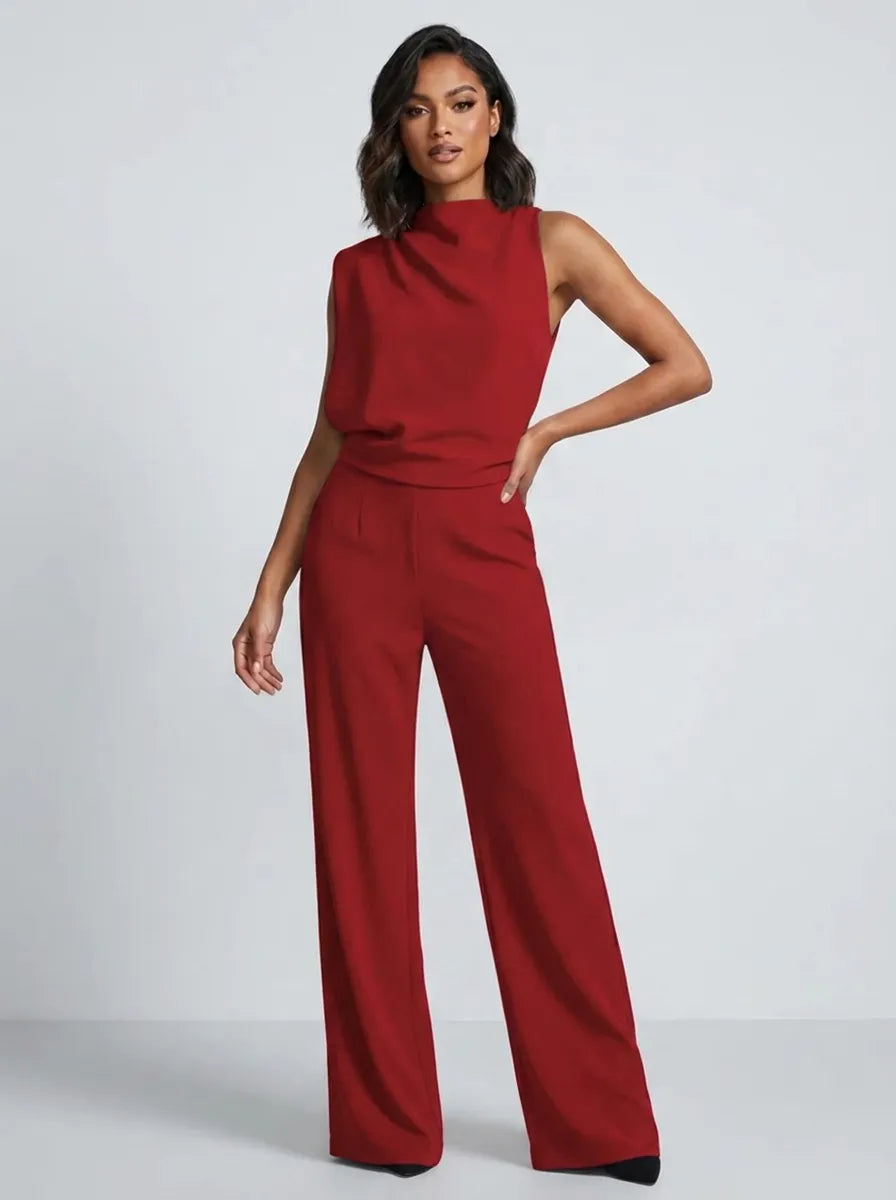 Women's High-Neck Sleeveless Wide-Leg Jumpsuit with Pockets