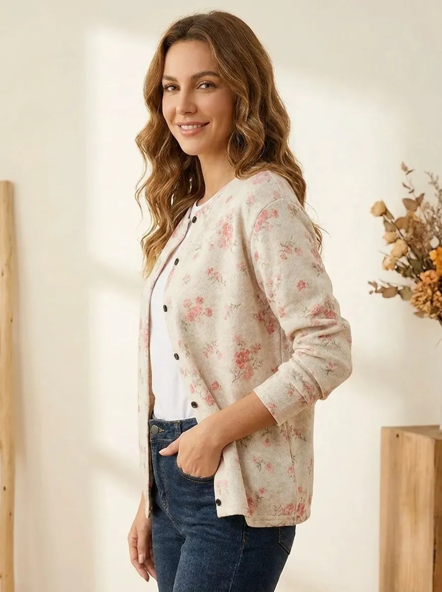 Pink rose-blossom print | Button cardigan