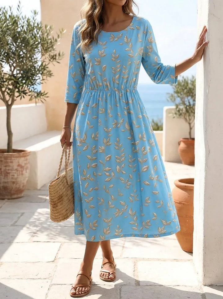 Natalie | Midi Dress with Botanical and Floral Pattern and Round Neckline