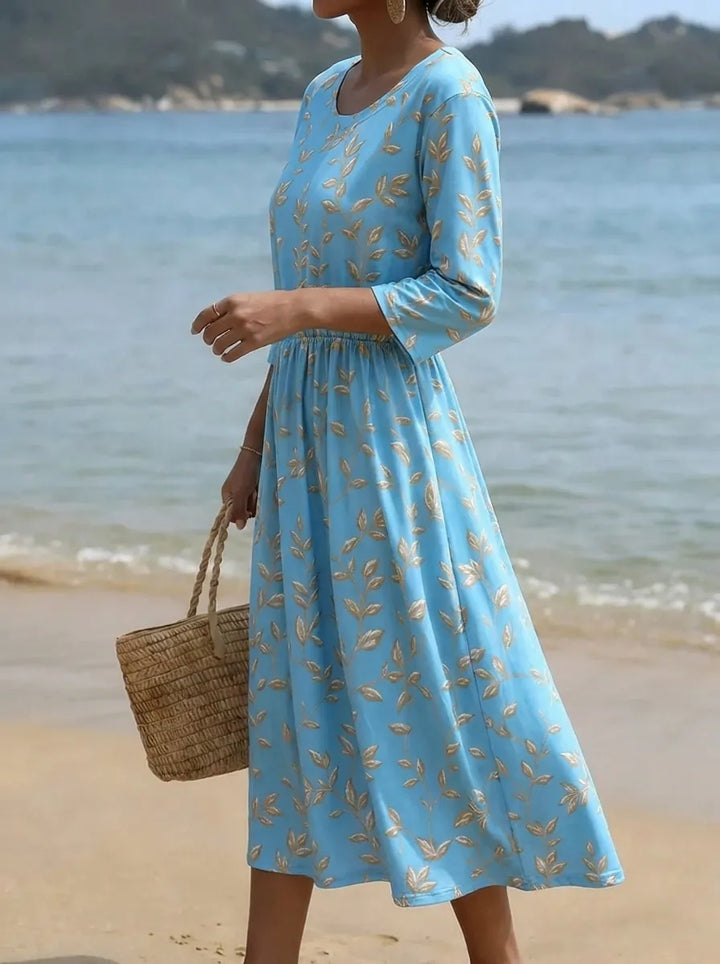 Natalie | Midi Dress with Botanical and Floral Pattern and Round Neckline