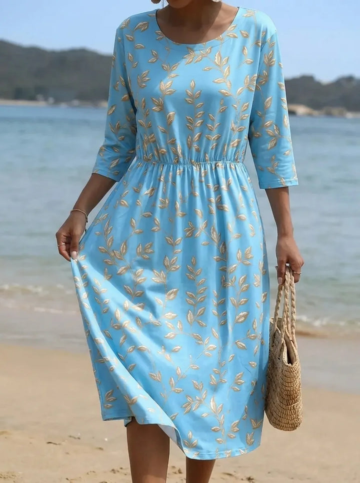 Natalie | Midi Dress with Botanical and Floral Pattern and Round Neckline