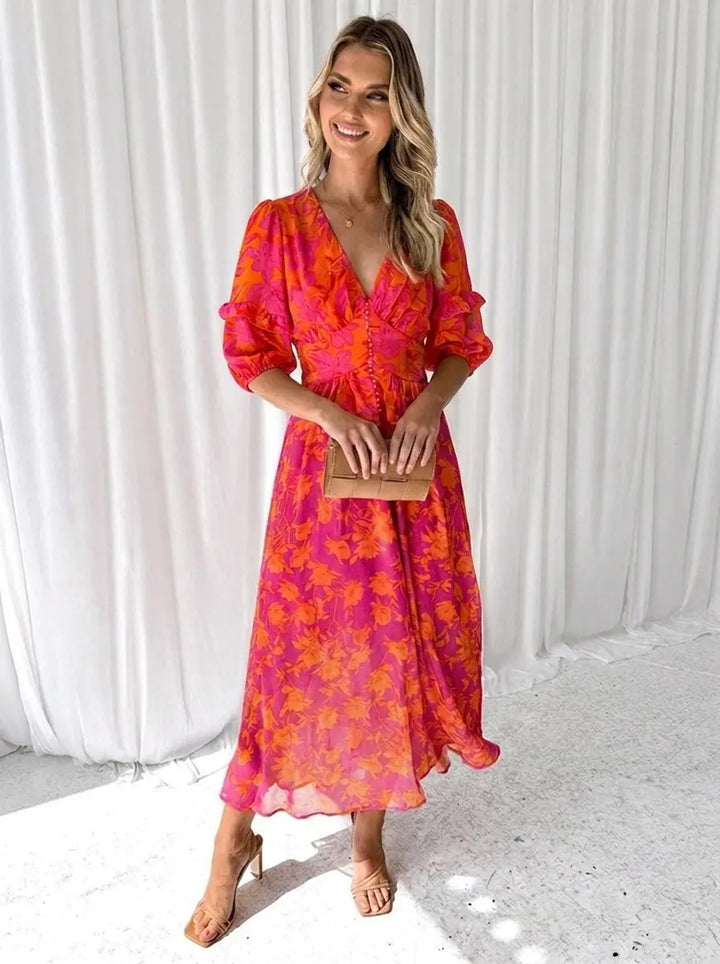 Katy™ - Elegant Floral Midi Dress with Puff Sleeves