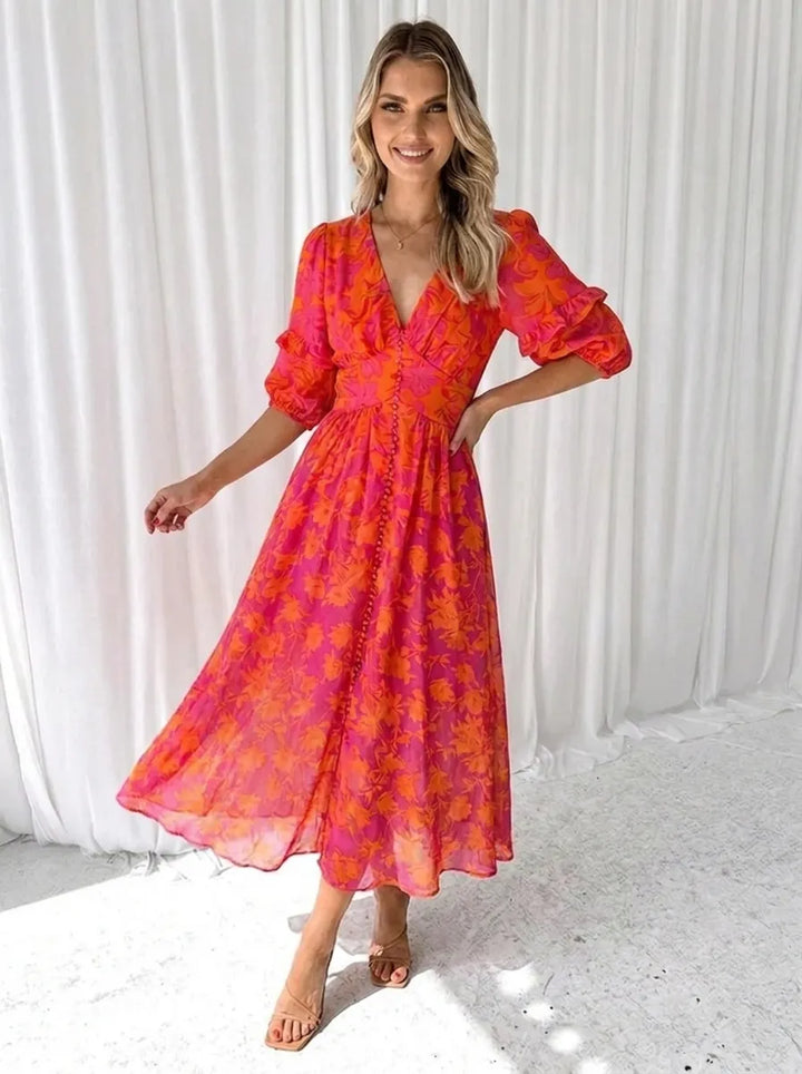 Katy™ - Elegant Floral Midi Dress with Puff Sleeves