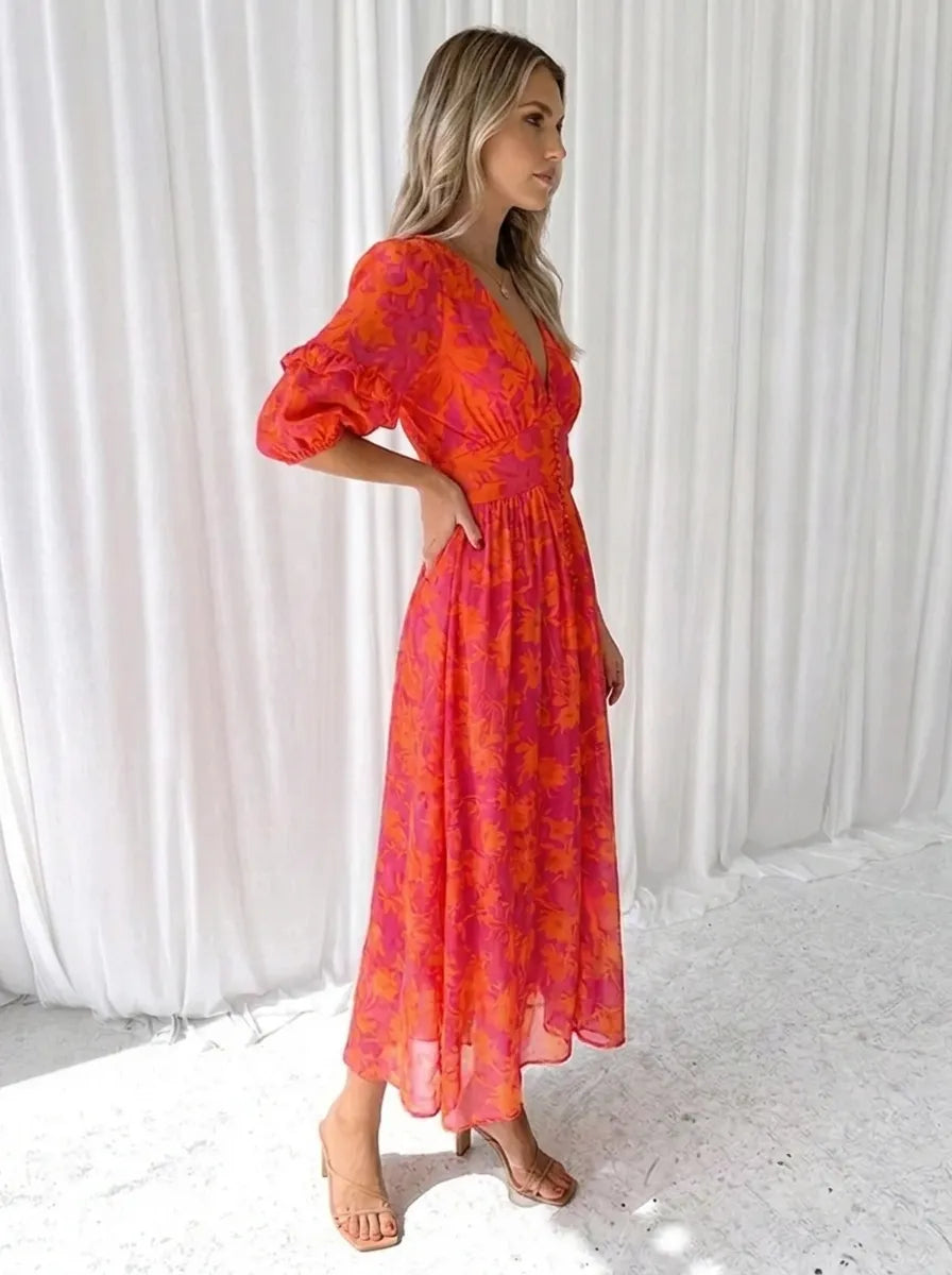 Katy™ - Elegant Floral Midi Dress with Puff Sleeves