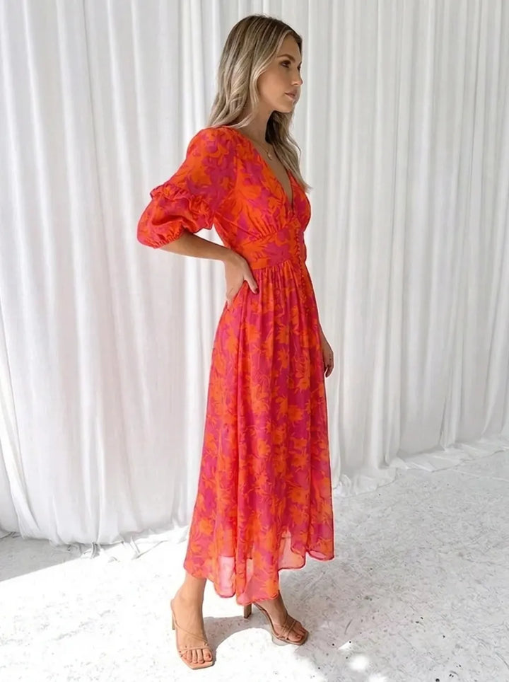 Katy™ - Elegant Floral Midi Dress with Puff Sleeves