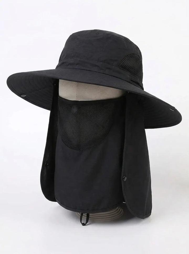 Women's fisherman's hat with UV protection, removable neck cover, and breathable mesh structure