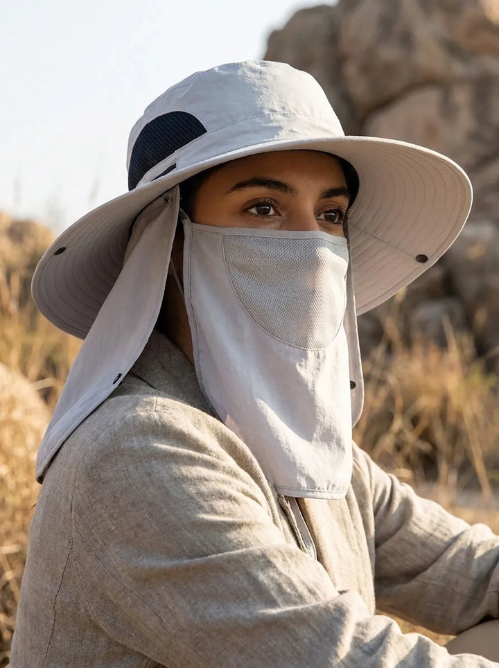 Women's fisherman's hat with UV protection, removable neck cover, and breathable mesh structure