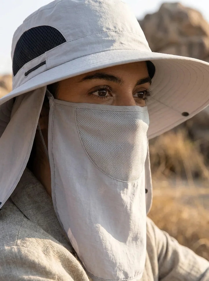 Women's fisherman's hat with UV protection, removable neck cover, and breathable mesh structure