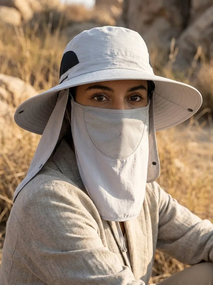 Women's fisherman's hat with UV protection, removable neck cover, and breathable mesh structure