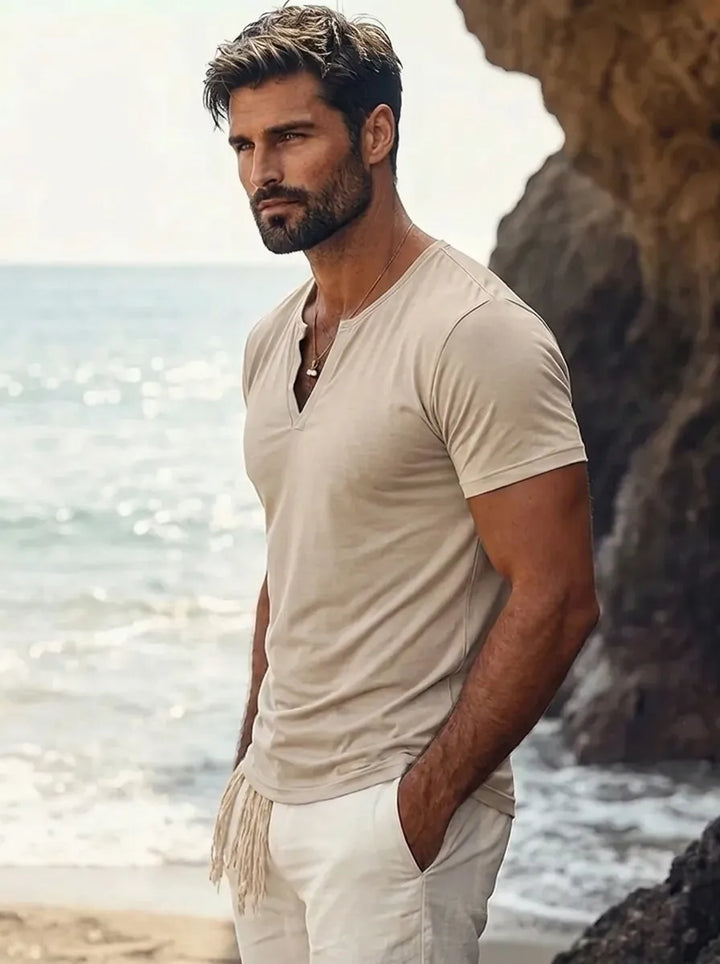 Frank | Men's V-Neck Shirt with Short Sleeves and Buttons