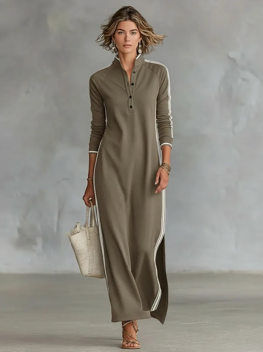 Minimalist sweatshirt dress for women with a white collar and button placket