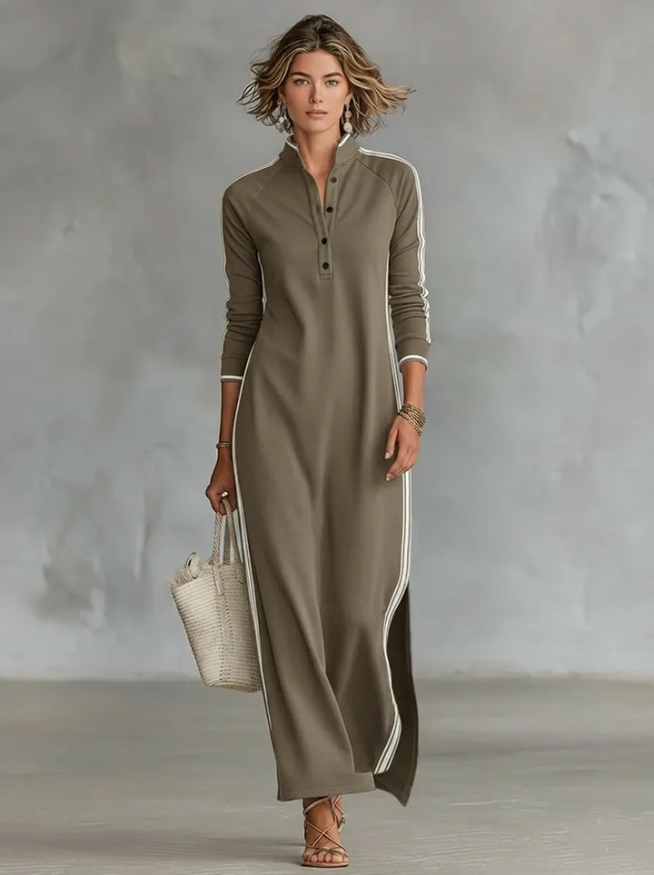 Minimalist sweatshirt dress for women with a white collar and button placket